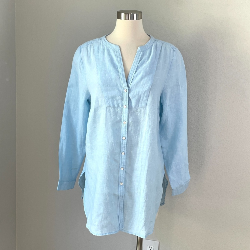 Sundance Womens Medium Petite Blue 100% Linen Tunic Top Button Up‎ Shirt